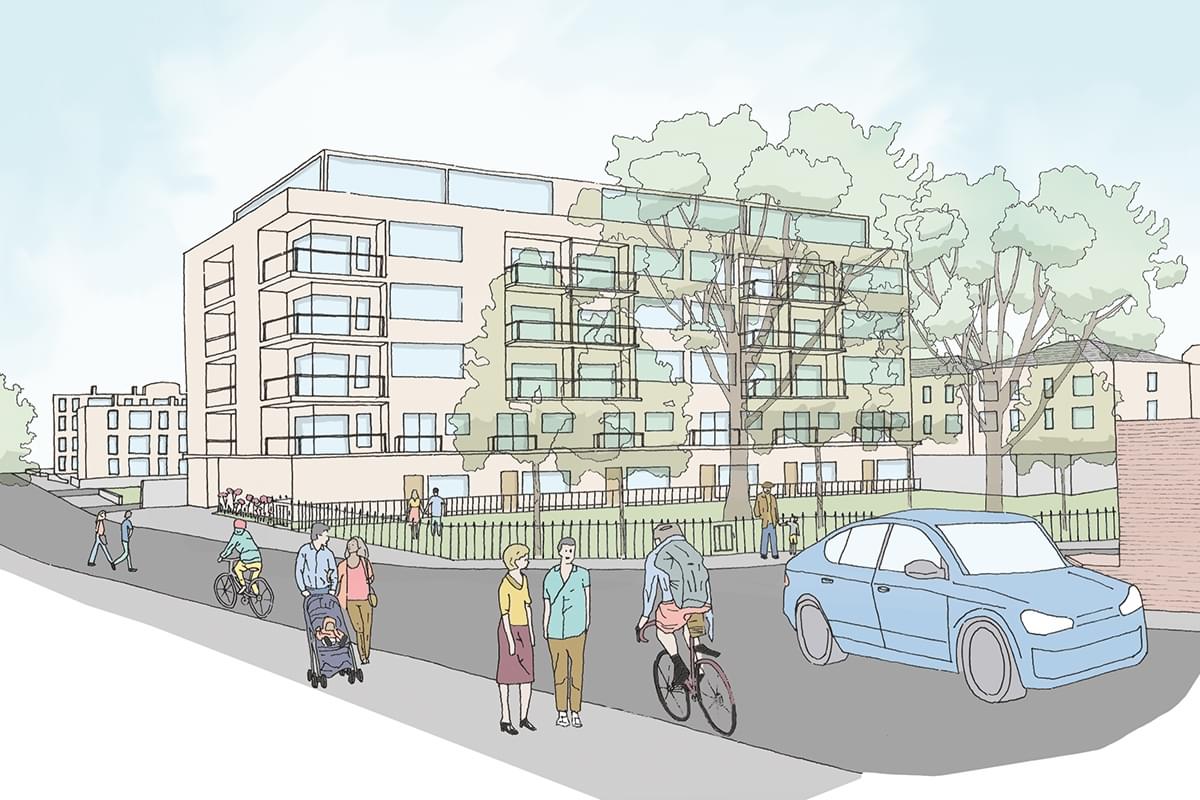 Illustrative view of proposals from the corner of Thessaly Road and Walworth Road